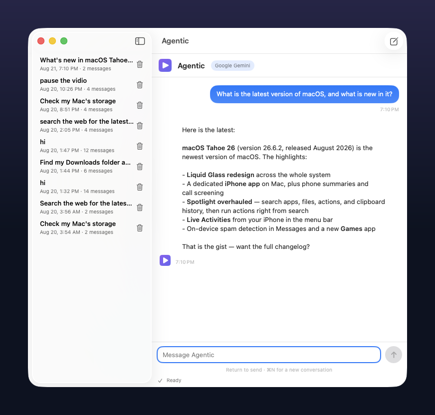 A conversation with Agentic: it answers a question about the latest version of macOS with bolded highlights, shown next to the saved-conversation sidebar.